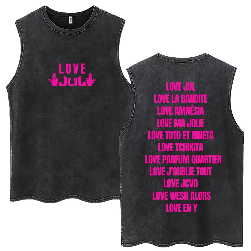 Washed French Rapper Love Jul Vintage Tank Tops Men's Hip Hop Fashion Heavyweight Cotton Vests Casual Loose Sleeveless Tshirt