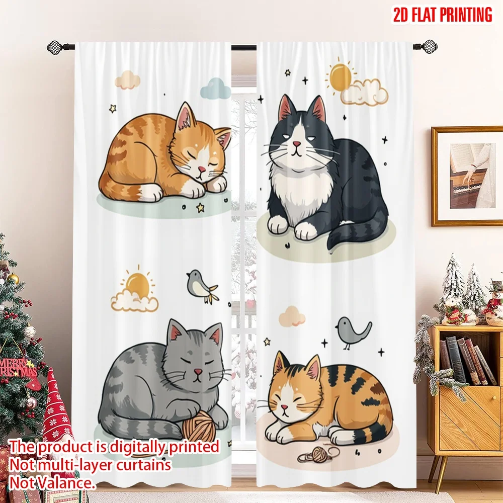 

2pcs 2D flat printing Curtain Cute Cat Illustration Digital Printed Polyester Drapes All Season Party & Holiday Decor for