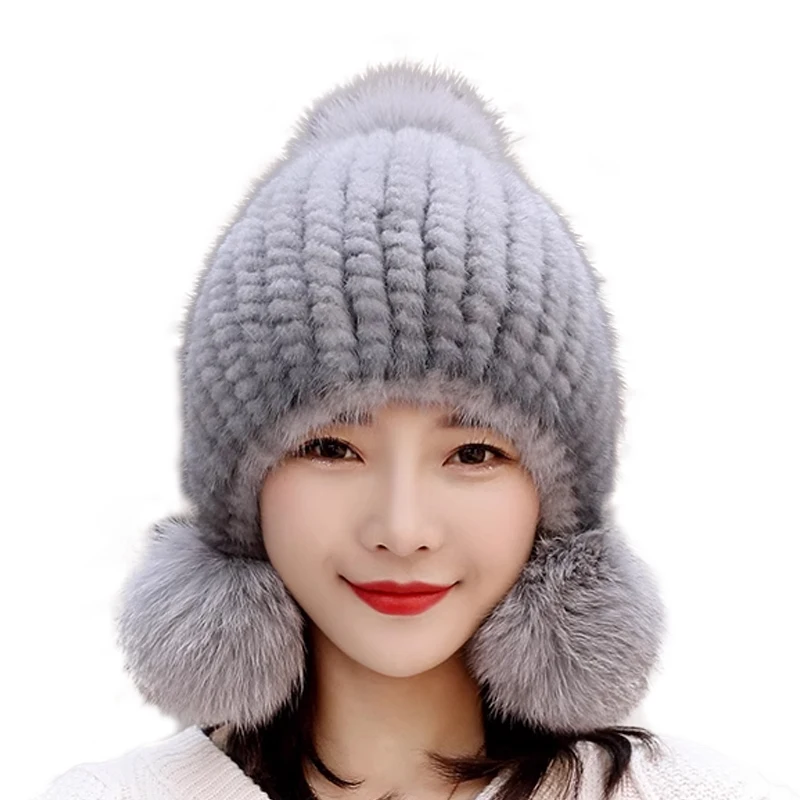 

Lady Natural Knitted Warm Mink Fur Bomber Cap With Fox Fur Pompoms Women 100% Real Mink Fur Hats New Winter Real Mink Fur Hat