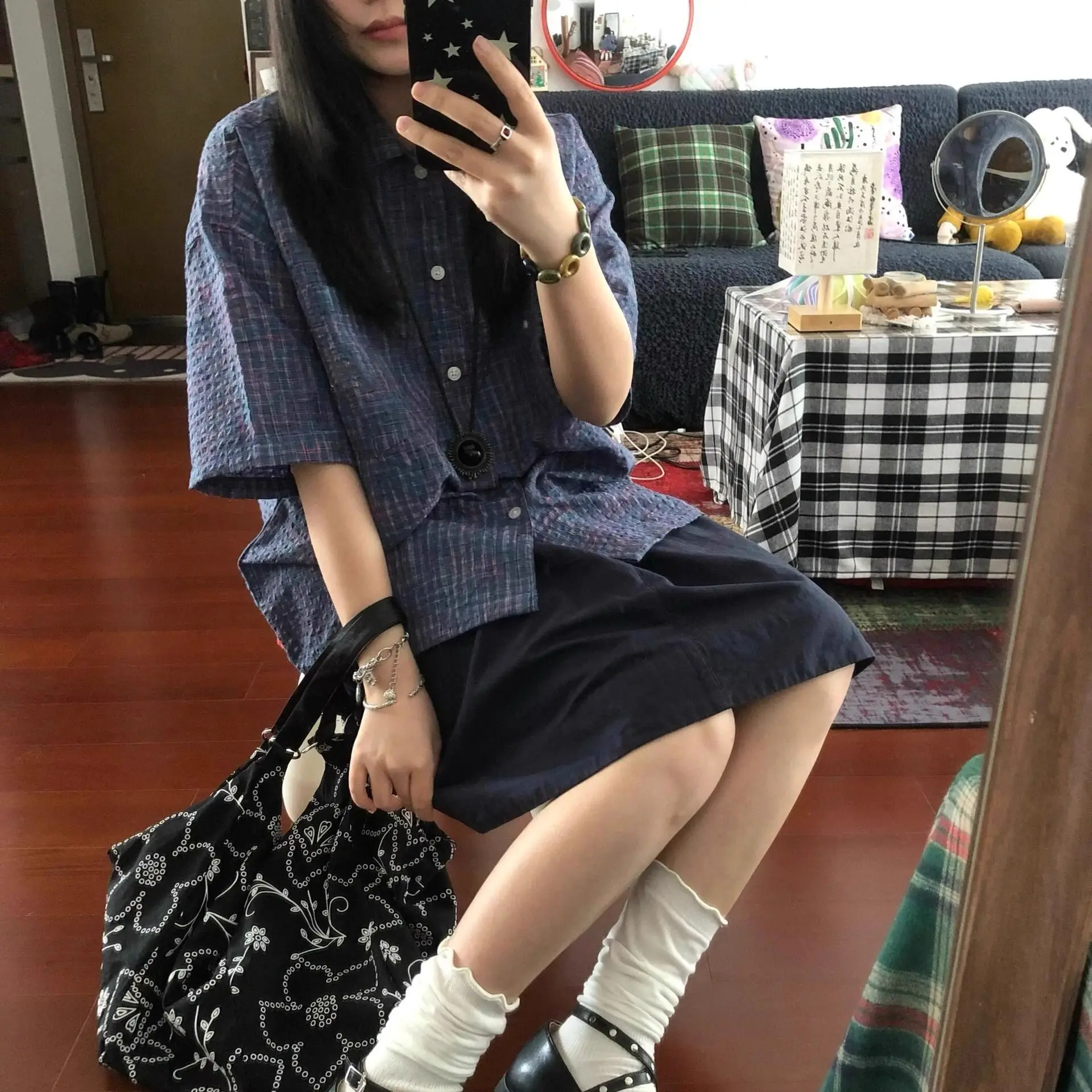 

Japanese Retro Plaid Shirts Men Short Sleeved Chemise Femme 2025 Spring New Shirts & Blouses Camisas De Mujer Blusas