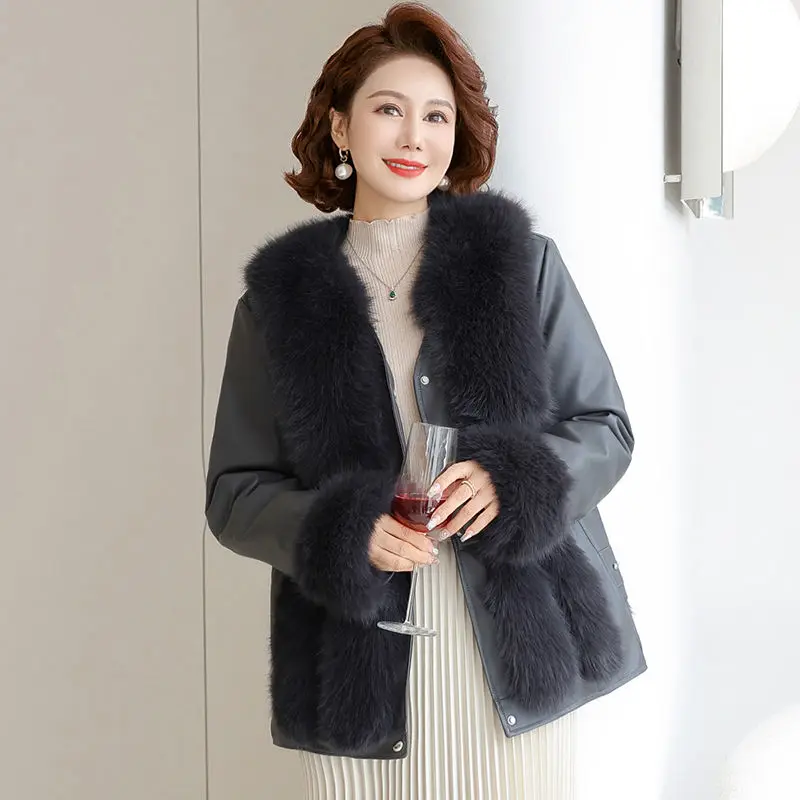 Damski płaszcz zimowy z futrem na rok 2025, luźny, zintegrowany futrzany, imitacja futra, kurtka bawełniana.