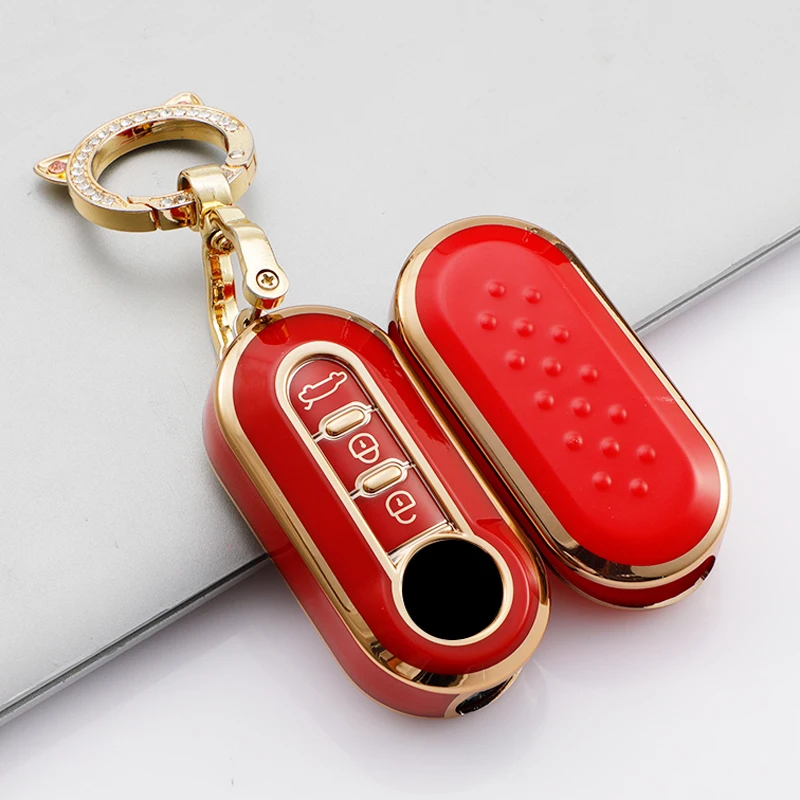 Für Fiat 500 TPU Gold Rand 3 Tasten Auto Flip Folding Key Fall Abdeckung Remote Key Shell Halter Protecor Keychain zubehör