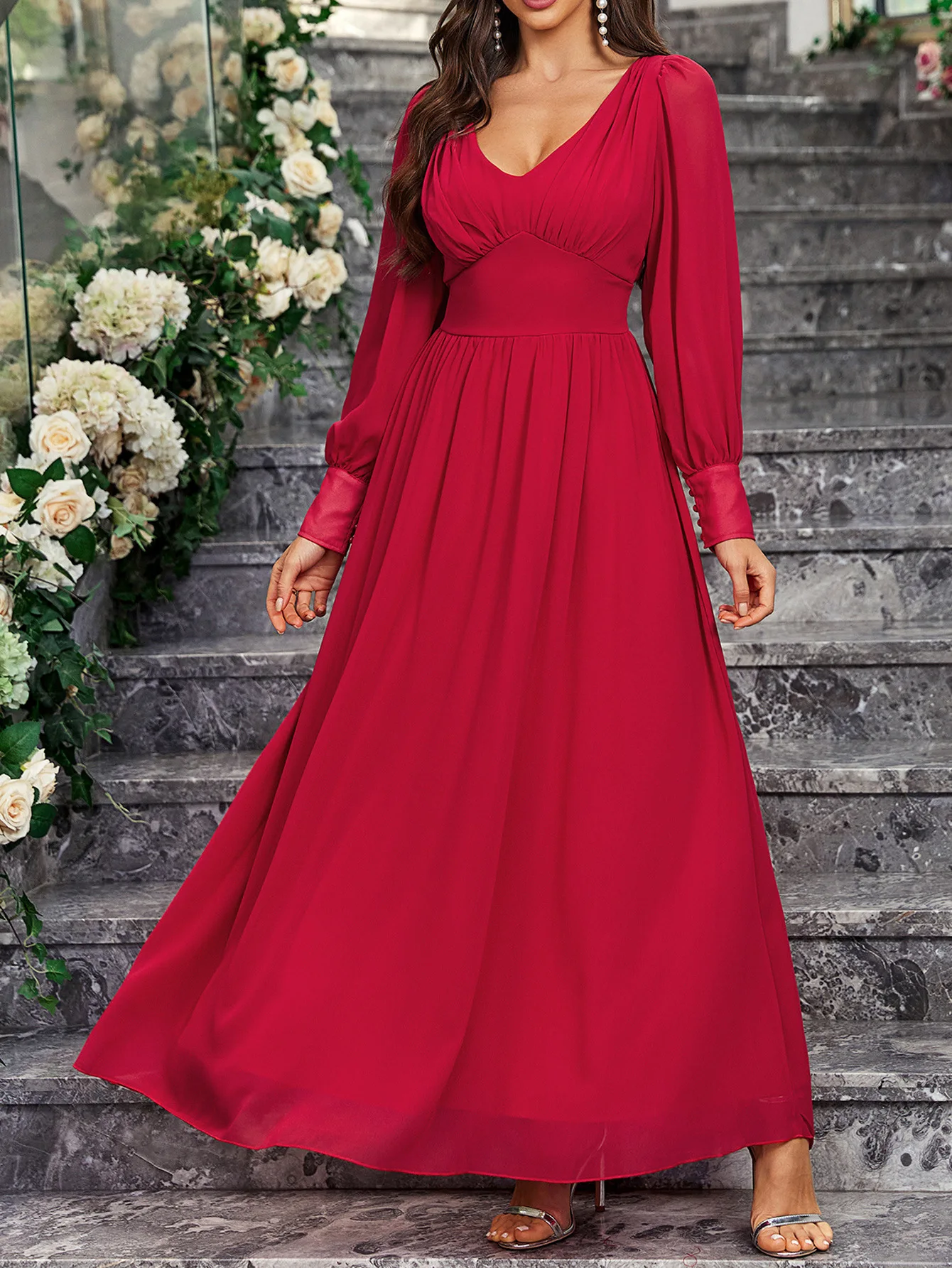 New Women'S Chiffon Sleeve Evening Gown Double V Neck A Line Party Gown High Waist Floor Length Evening Gown Vestidos Para Mujer