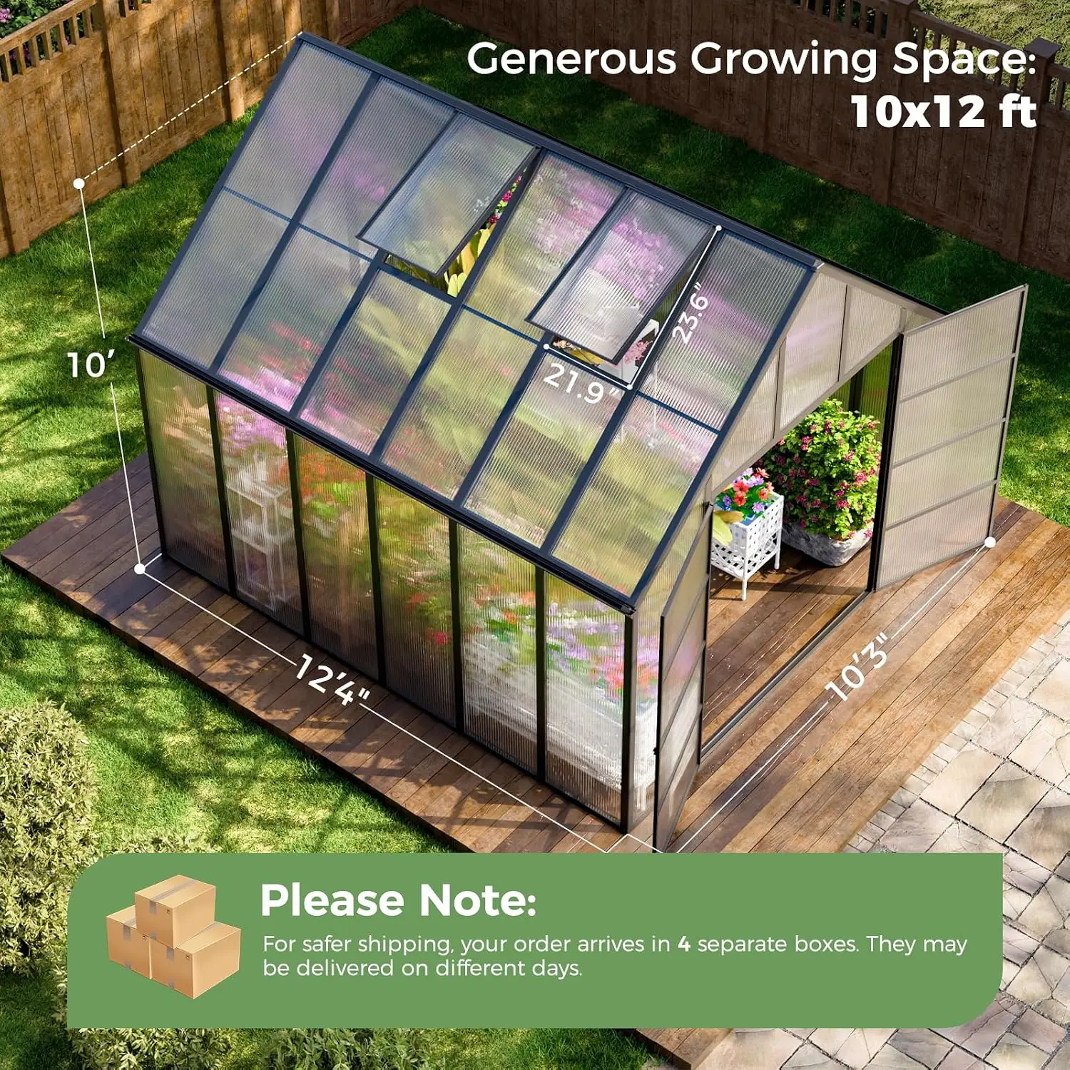 12x10x10 FT Large Greenhouse for Outdoors, 2 Vents | 4MM Twin-Wall PC Panels, Quick-Connect Aluminum Frame, 2, Customized