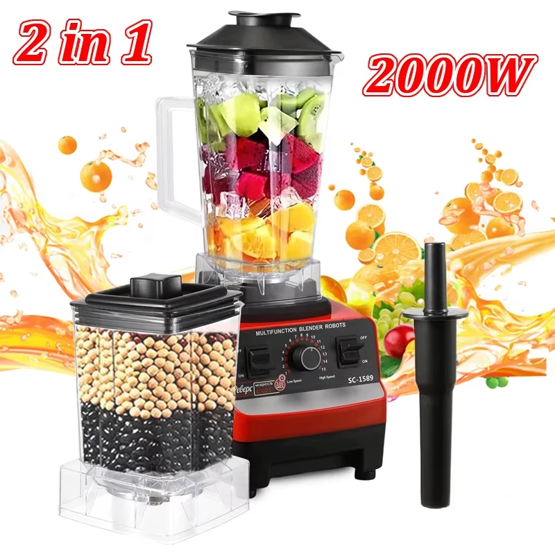 Licuadora Eléctrica 2 en 1 de 2000W, Mezcladora Profesional, Exprimidor, Preparador de Smoothies, Licuadora de Frutas y Verduras, Procesador de Alimentos para Bebés