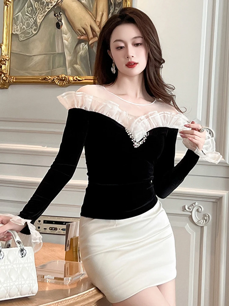 

Vintage Sexy Chic T-shirt Women's Clothing Sheer Mesh Splice Tops Black Velvet Blouse Long Sleeve T-shirt Female Blouse Spring