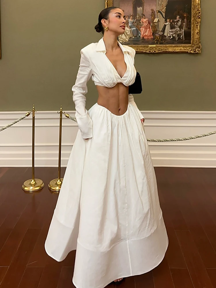 Женские белые юбки, комплект из двух предметов, сексуальный топ с v-образным вырезом и длинными рукавами + длинные юбки трапециевидной формы, костюмы для вечеринок, вечерние коктейльные комплекты