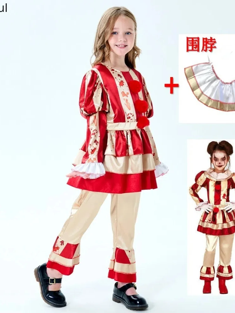 Kids Cosplay Meisjes Joker Cosplay Jurk Horror Clown Kraag Kostuum Volledige Set Voor Halloween Carvinal Party Kostuums Fancy