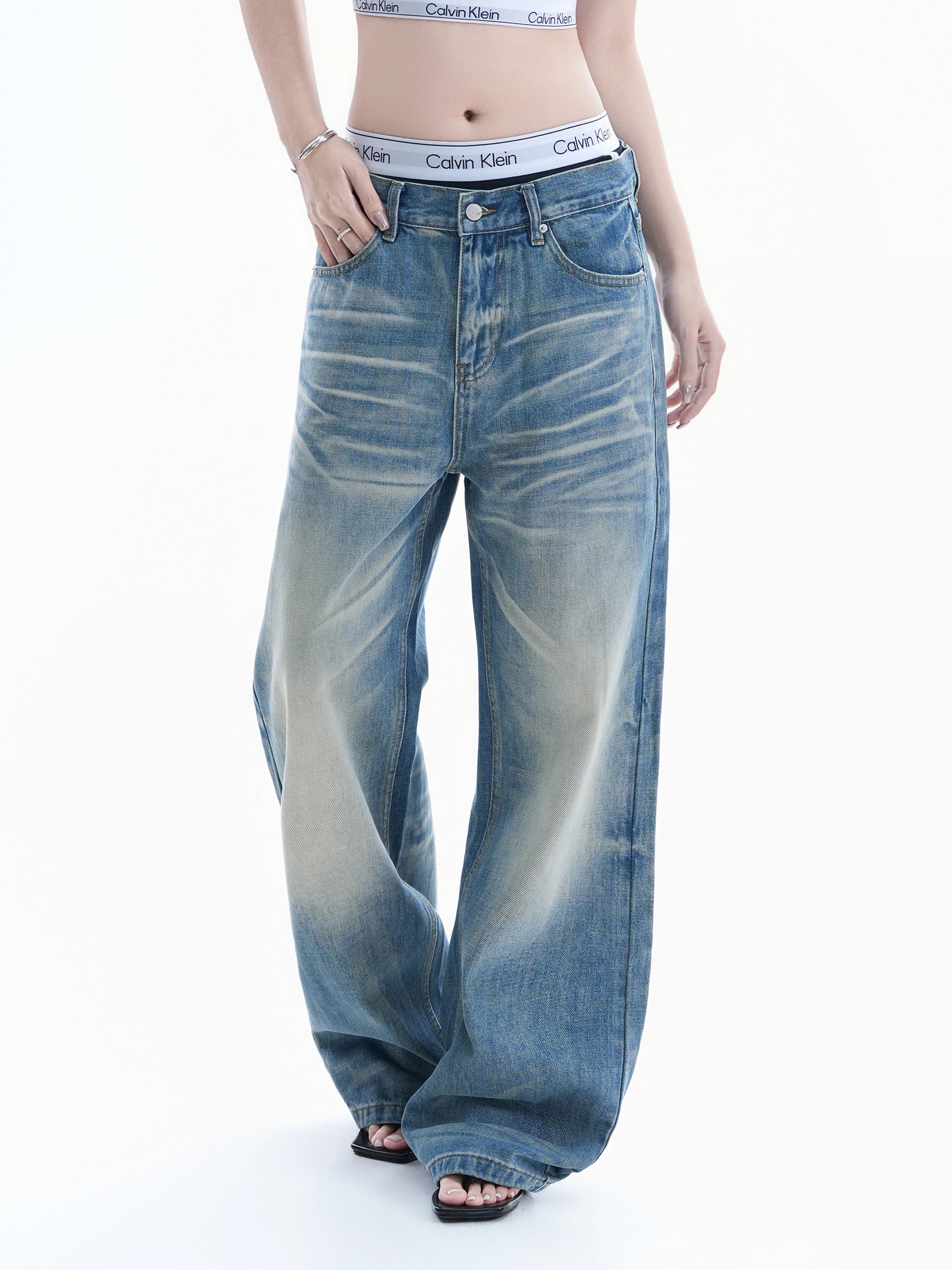 

Washed Vintage American Denim Jeans Women Loose Wide Leg Straight Cut Floor-Length Pants Cotton Natural Waist Button Closure