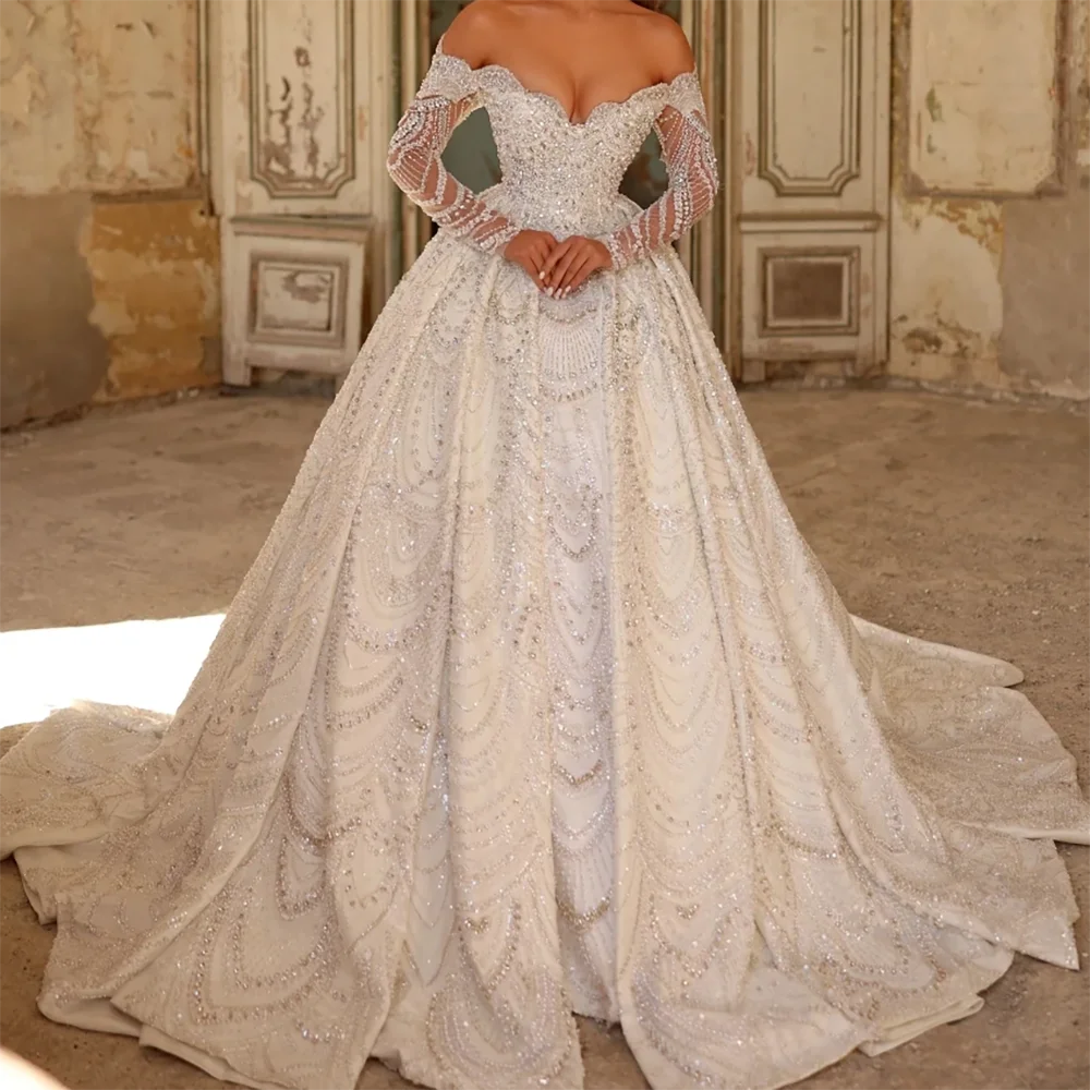 

Classic Off Shoulder Full Sleeve Beading A-Line Bride Wedding Dresses Bridal Gowns Customized