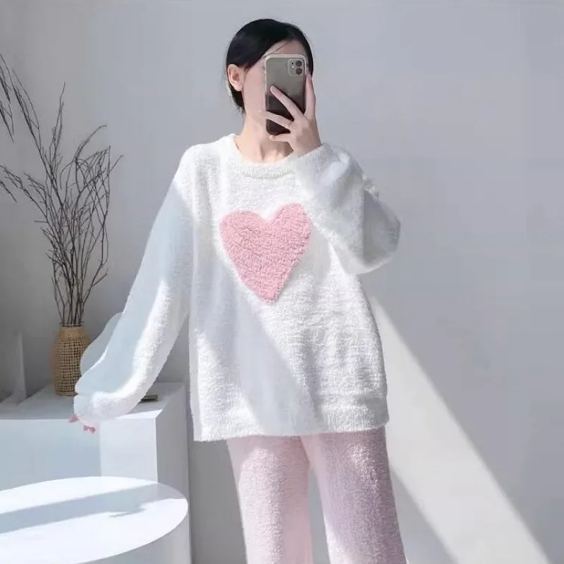 Warm Sleepwear for Winter Heart Print Flannel Pajamas Women Winter Thickened Velvet Plus Size Loungewear Set Girl Nightwear