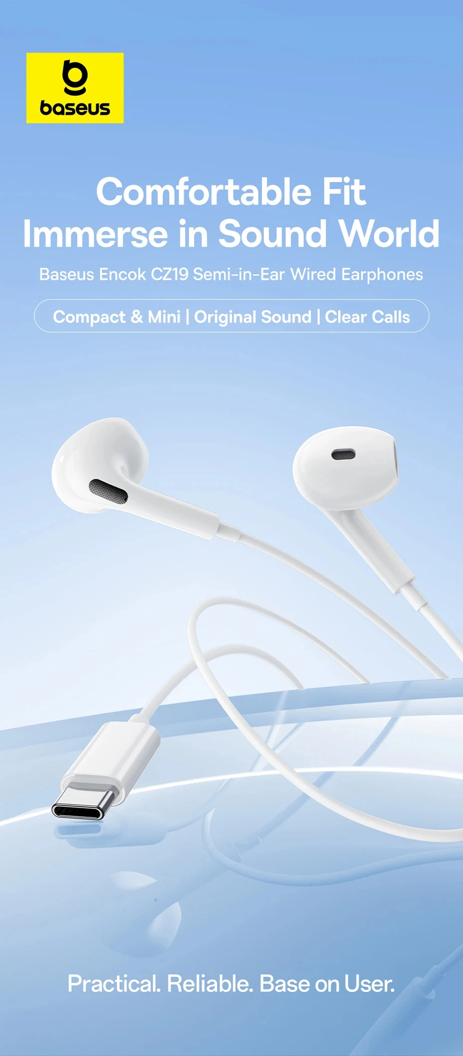 Auriculares con cable Baseus Encok CZ19 semi-in-ear tipo C con micrófono para IOS, Mac, Xiaomi, Samsung, HUAWEI, computa