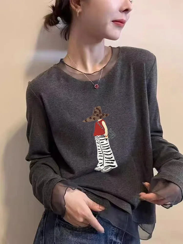 Korean Style Long Sleeve T-Shirt Women's Mesh Lace under Shirt Fashionable Versatile Slimming Top Commute Style Winter Season