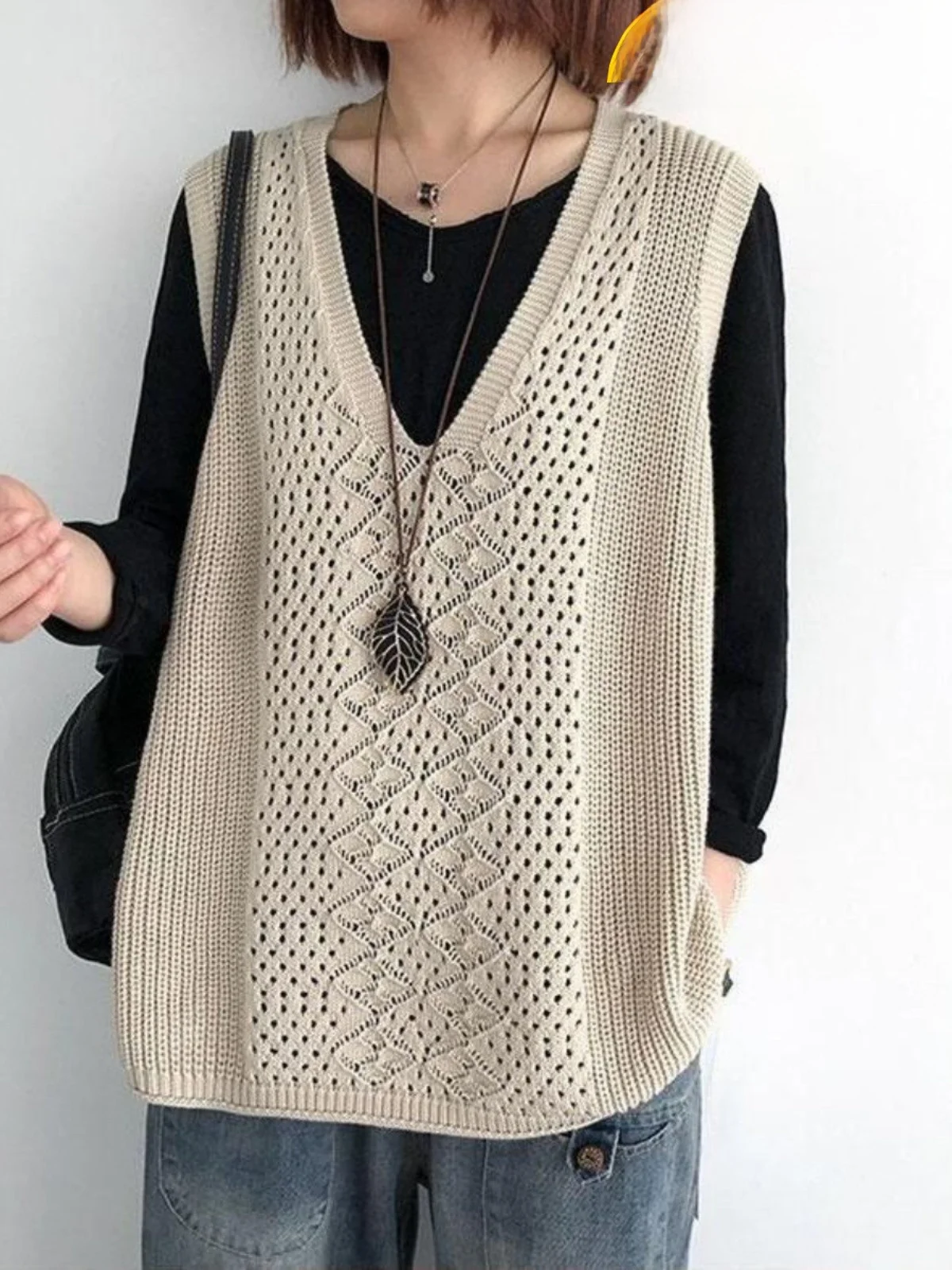 

Loose Knitted V-Neck Sleeveless Vest Women's Spring Autumn Fashionable Trendy Hollow out Design Commute Style Cotton Lined