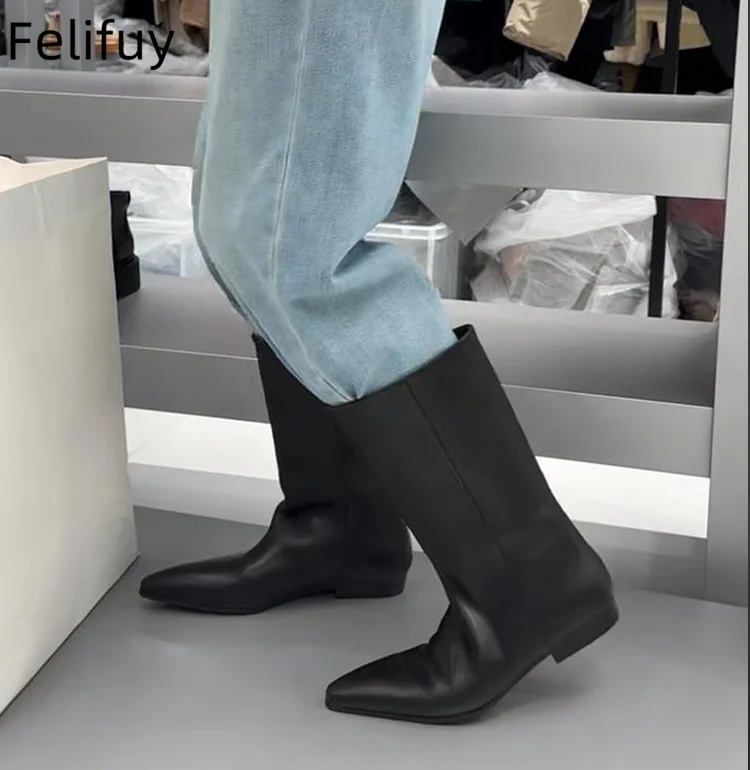 Botas de bezerro largas retrô para mulheres, couro genuíno, deslizamento, sapatos de lazer confortáveis soltos, botas curtas, antiderrapantes planas, botas de inverno elegantes