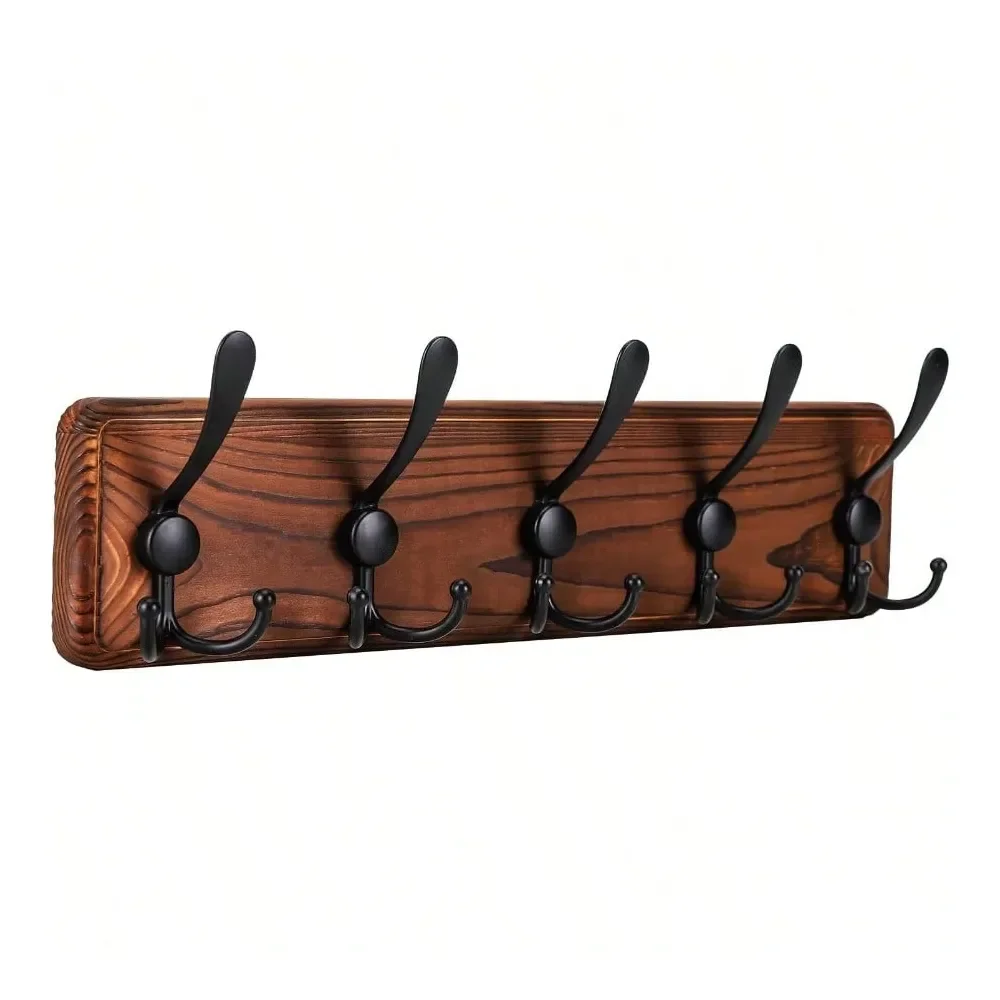 

Large Coat Rack Wall Mount Coat Hooks Coat Hanger With 5 Metal Black Triple Hooks Brown Pine Real Wood Plank Hat Rack For Wall