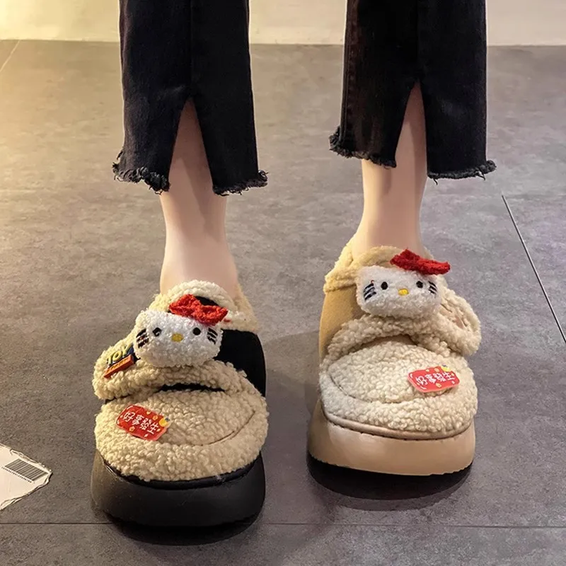 SanrioHelloKitty cute doll all-inclusive winter warm cotton slippers women's versatile new outer wear Velcro velvet cotton shoes