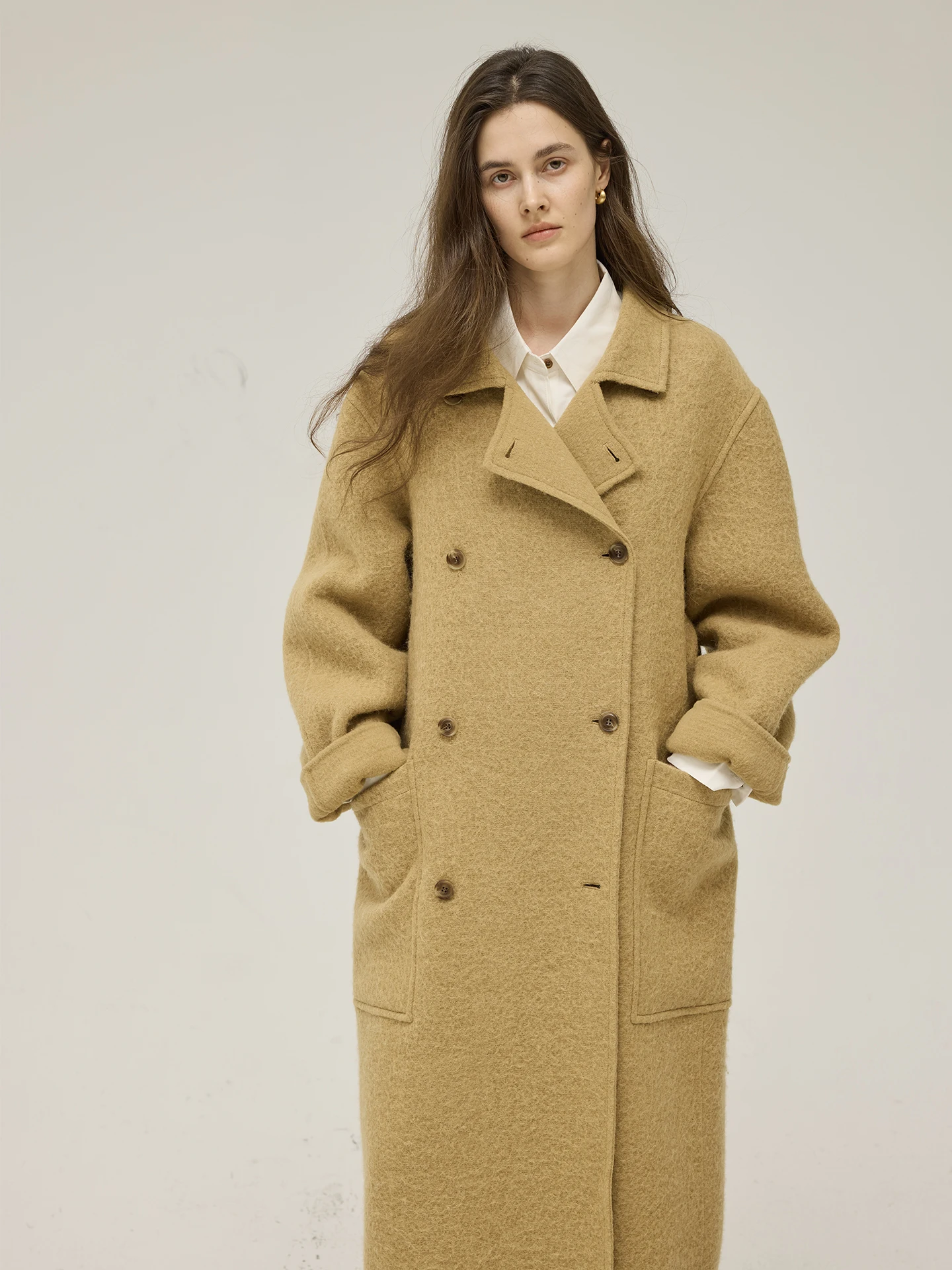 

Moofeel Double-Breasted Long Wool Coat Yellow Suit Collar Double-Sided Tweed Outerwear Winter Faion Ladies' Straight Cut
