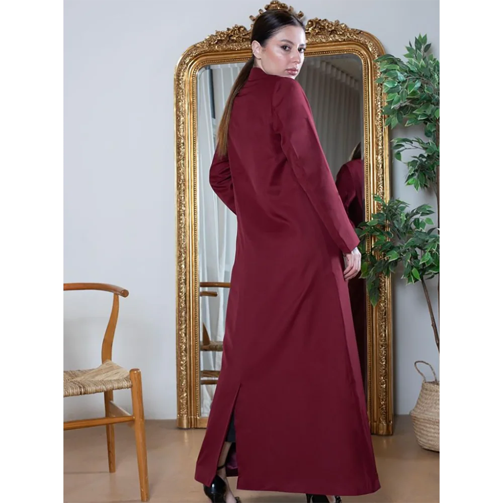 Burgundy Standing Collar Women Long Jacket Female Daily Single Breasted Coat Formal Female Saudi Arabia Dress müslüman elbiseler