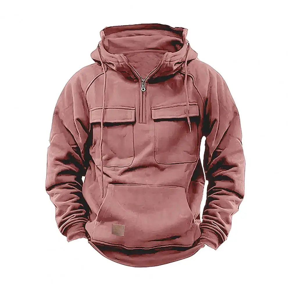 Men Hoodie Retro Solid Color Hoodie Men's Sporty Half Zip Hoodie with Big Patch Pocket Drawstring Solid Color Long for Fall