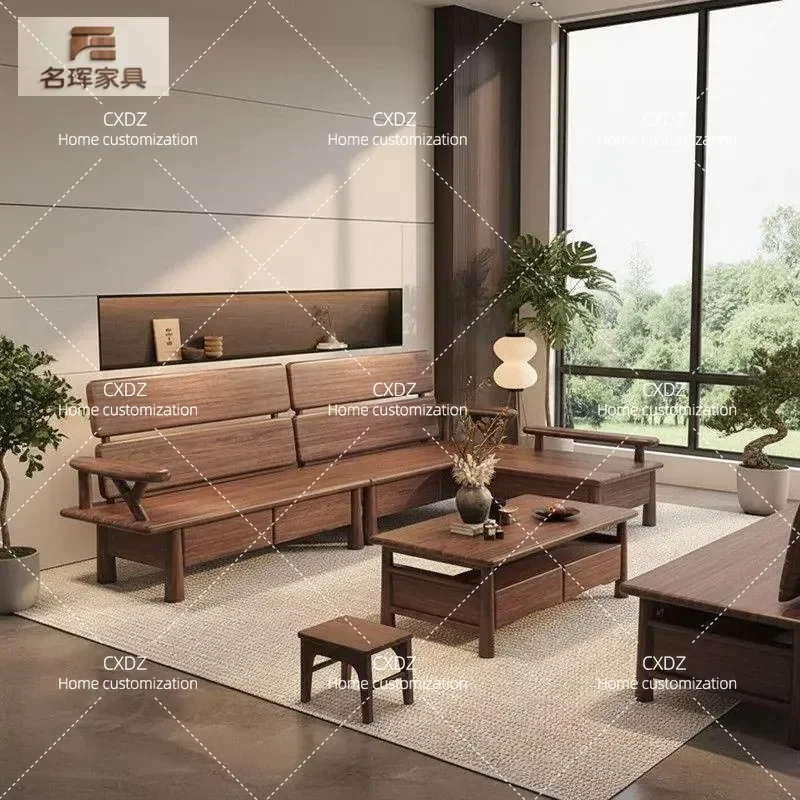 Solid Wood Black Walnut Sofa Minimalist Living Room Corner Couch with Storage High End Dual Purpose for Winter and Summer