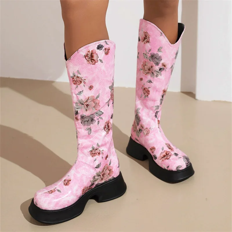 Platform Heel Round Toe Back Zip Print Women's Knee Boots Floral Pattern Warm Plush Lining Flat Vintage Rider Boots