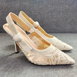 Witte Kanten Stiletto Sandalen Dames Slip-On Zomer Nieuwe Aankomst Effen Vrouwen Dunne Hoge Hak Schoenen Jurk Sexy Design Wieden Schoenen