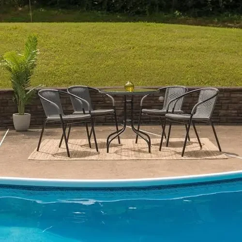 Lila 28'' Round Glass Metal Table with Black Rattan Edging and 4 Black Rattan Stack Chairs