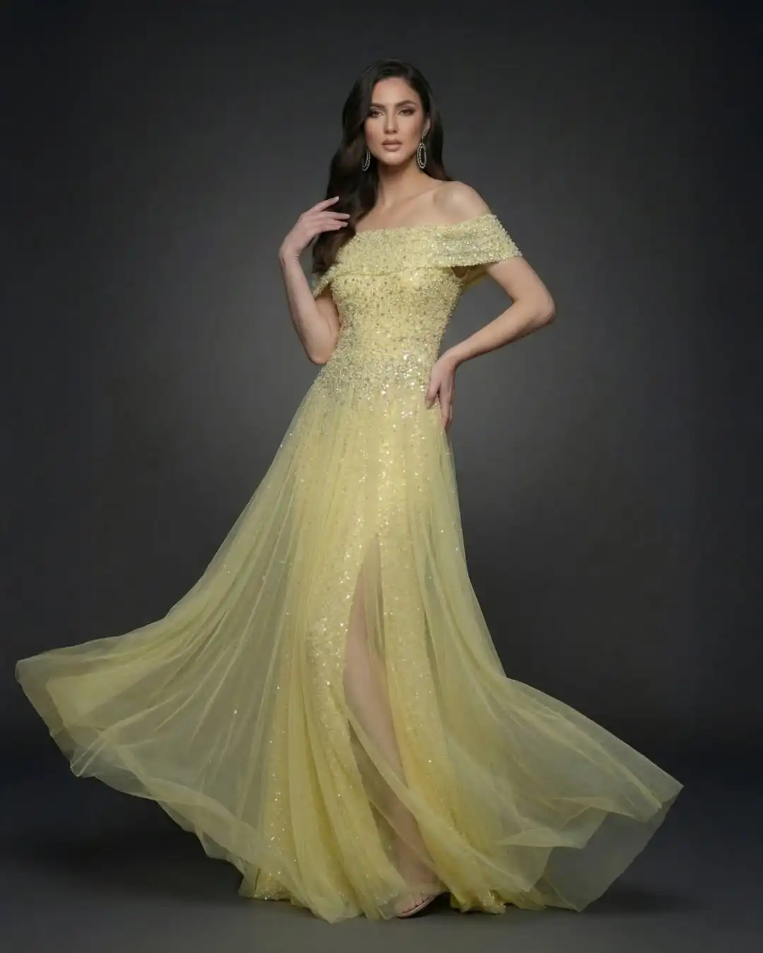 

Ofherown 2026 New Pale Yellow Off-Shoulder Sequin Evening Dress Tulle High Split Long Formal Prom Gown for Party Customized