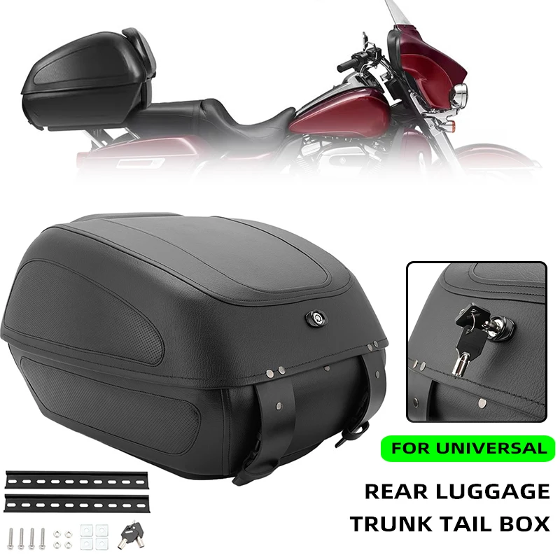 

Universal Motorcycle Black Trunk Top Rear Travel Luggage Storage Case Leather Tool Tailgate Box For Harley Honda Yamaha Suzuki