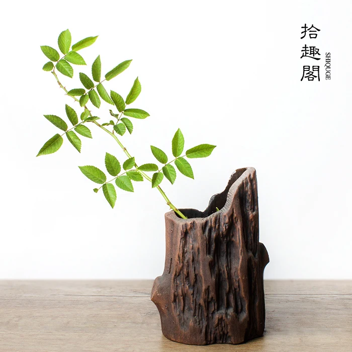 Handmade Rough Pottery Vase, Ceramic Wer Tea Mat Decoration, Hydroponic Imitation Wood Grain Arrangement Art,