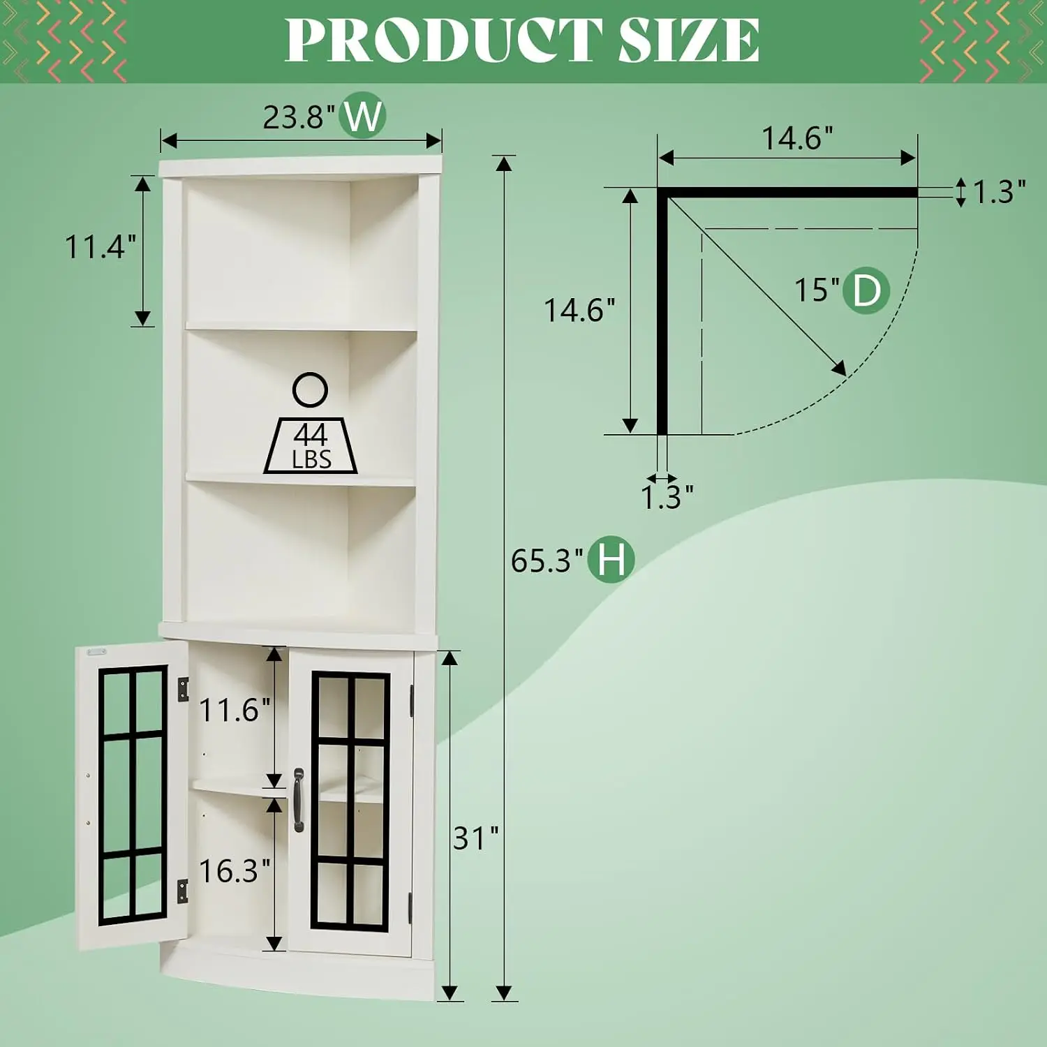Curved Corner Cabinet 65in Tall Bookcase Glass Door Adjustable Shelf 5-Tier Display Living Room Bathroom, Customized