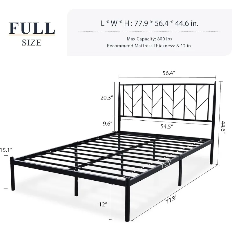 Full Size Platform Bed Frame with Vintage Headboard, 14 Inches Metal Mattress Foundation for Storage, No Box Spring Needed