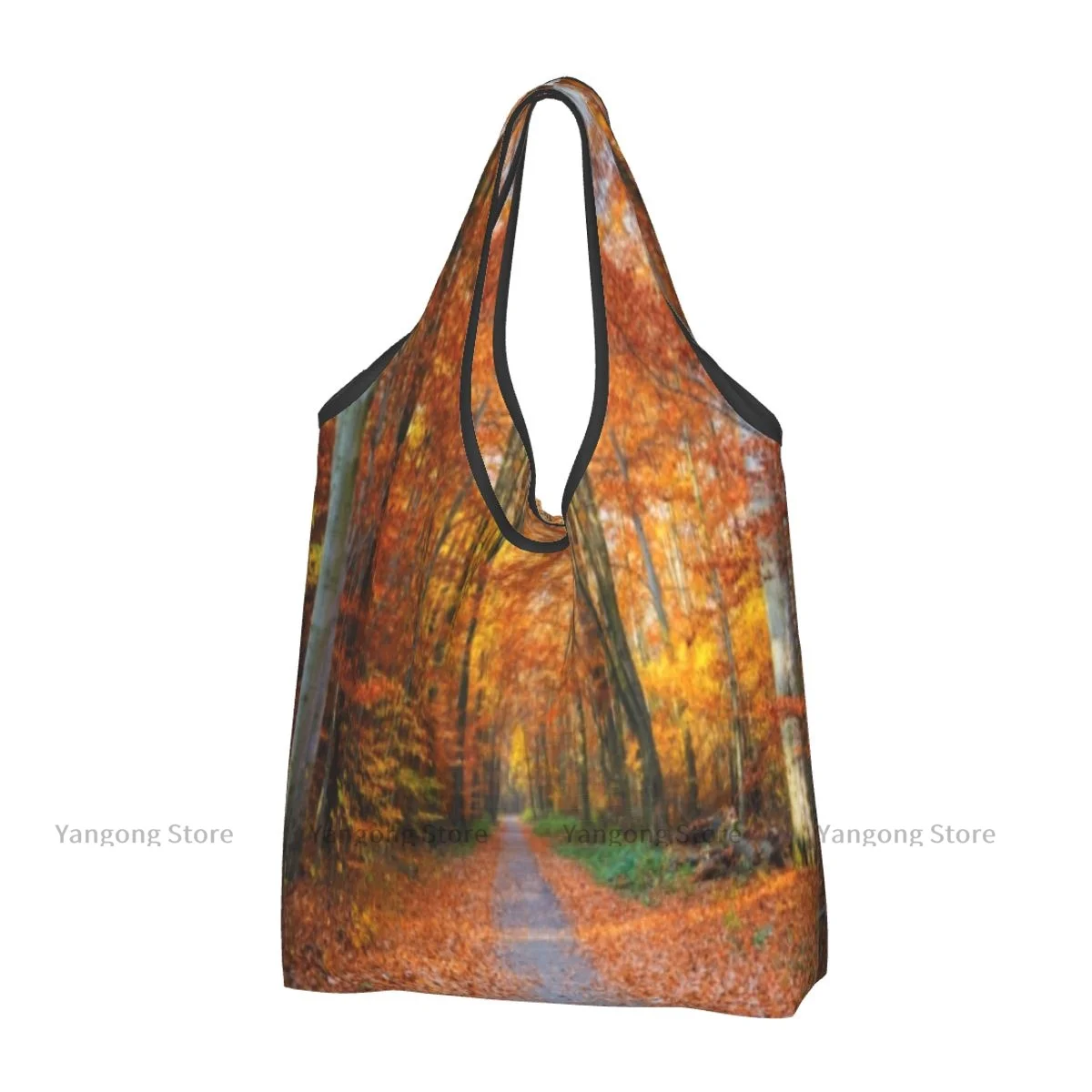 Folding Pathway Covered Leaves Through Autumn Forest Vibrant Trees Portable Shoulder Handbag for Travel Grocery Pocket Tote