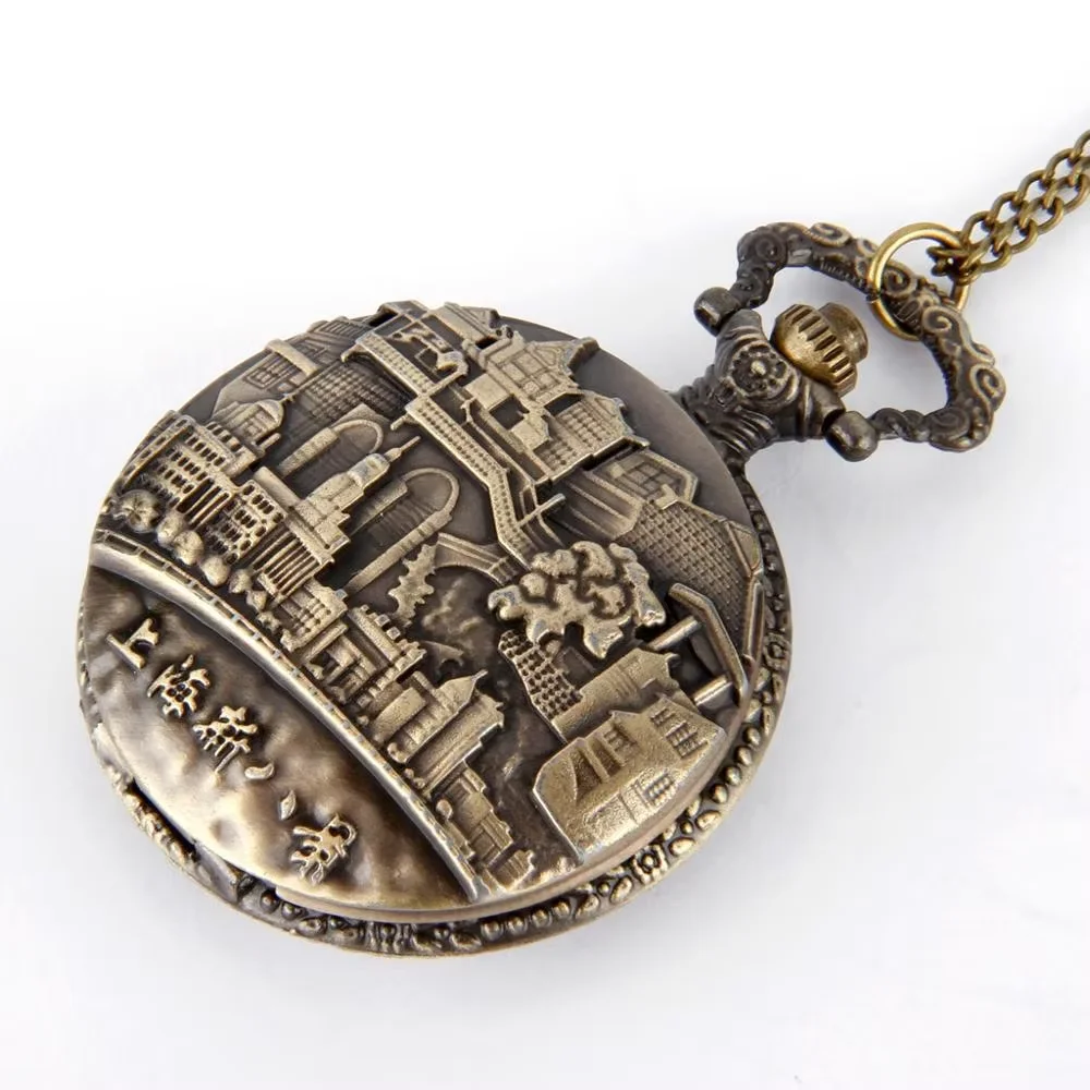 

8173Fashion Queen Shanghai New Eight View Vintage Pocket Watch Castle Couple Pocket Watch