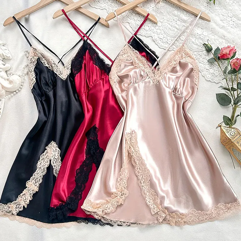 Sleeveless Silk Nightgown Women's Halter Dress Summer Pajamas Soft Embroidered Lace Short Split Sleepwear Elegant Nightdress