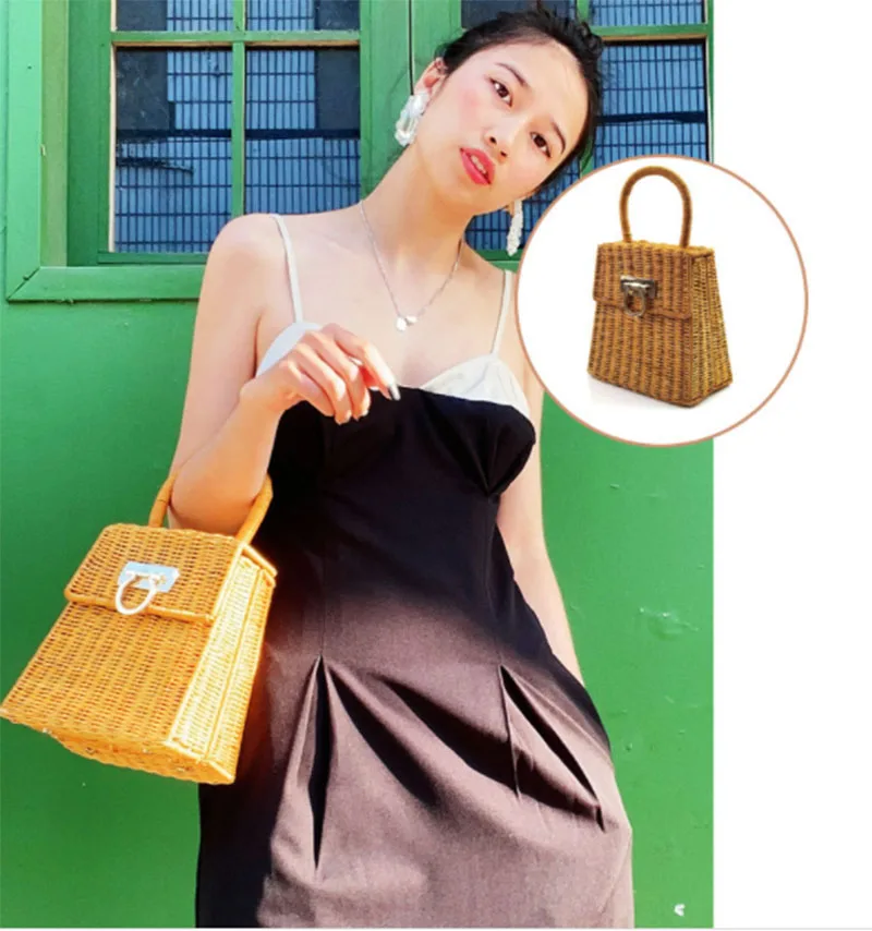 Luxury Women Handbag 2023 New Handle Rattan Woven Bag Straw Woven Women Bag Custom Hand Small Square Bag