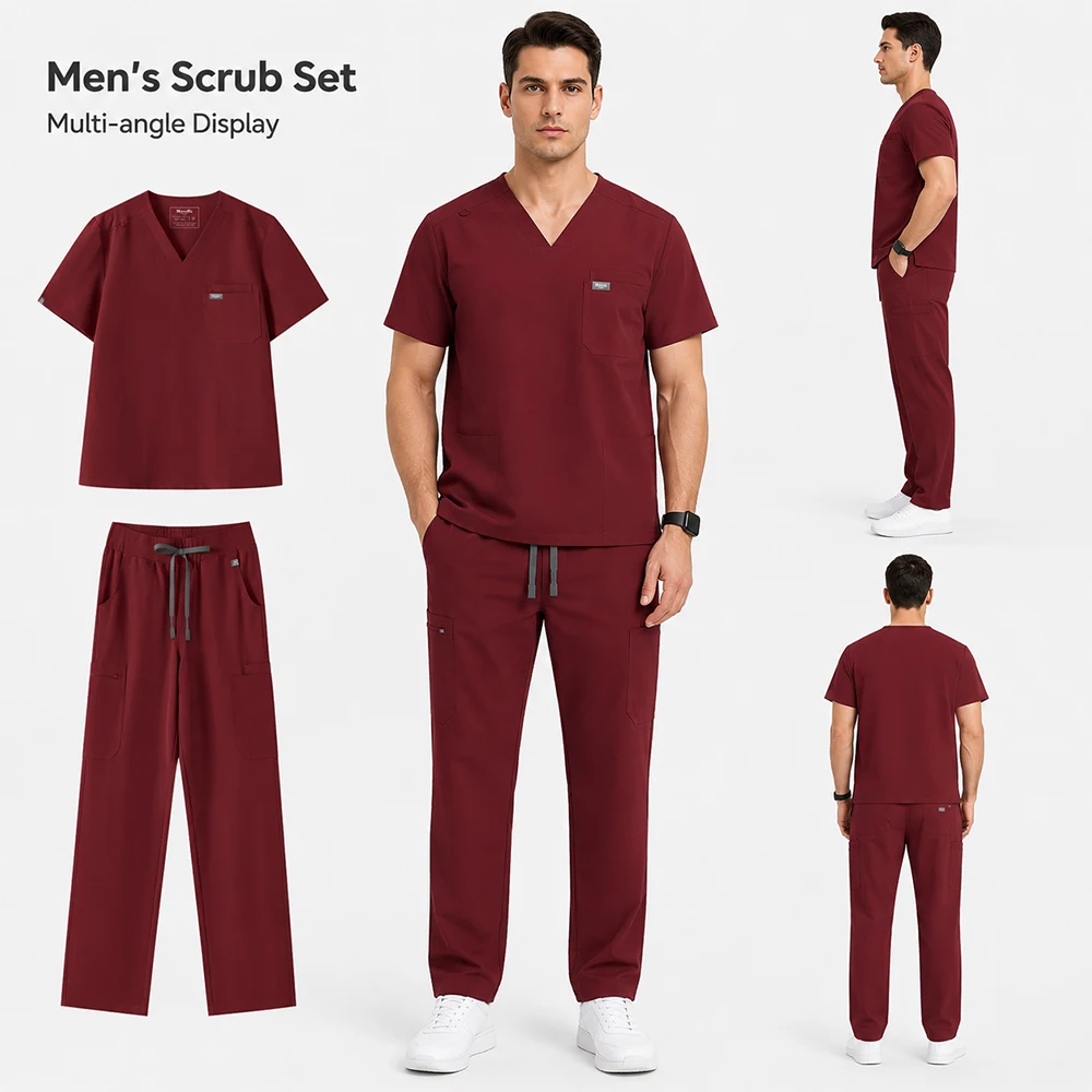 KUNGFU SCRUBS Mens Medical Uniform Nurse Scrubs Set Burgundy T-shirt Pants Stretch Scrubs Soft Breathable Healthcare Workwear