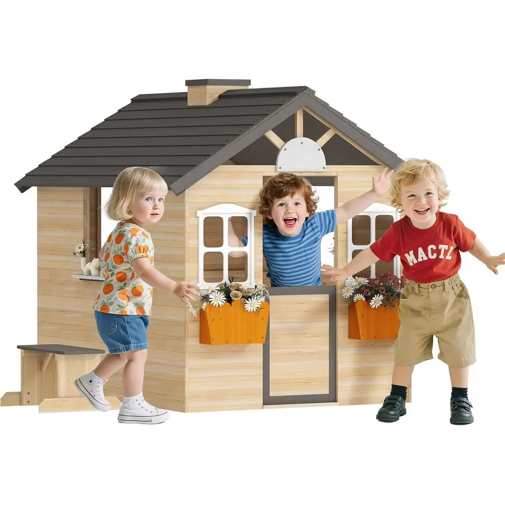

Children's Outdoor Wooden Playhouse with Functional Door, Windows, Bench, Service Area, and Flower Pots for Ages 3-7