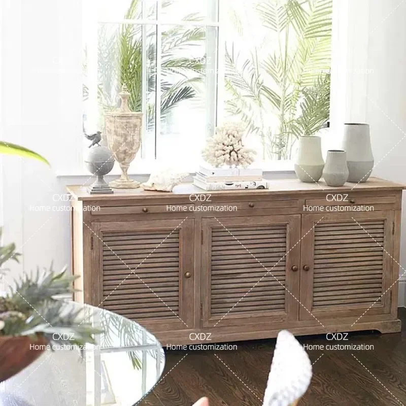 American Solid Wood Porch Cabinet Living Room Partition Shoe Storage Locker Wall Mounted Retro Louver Door Side Cabinet