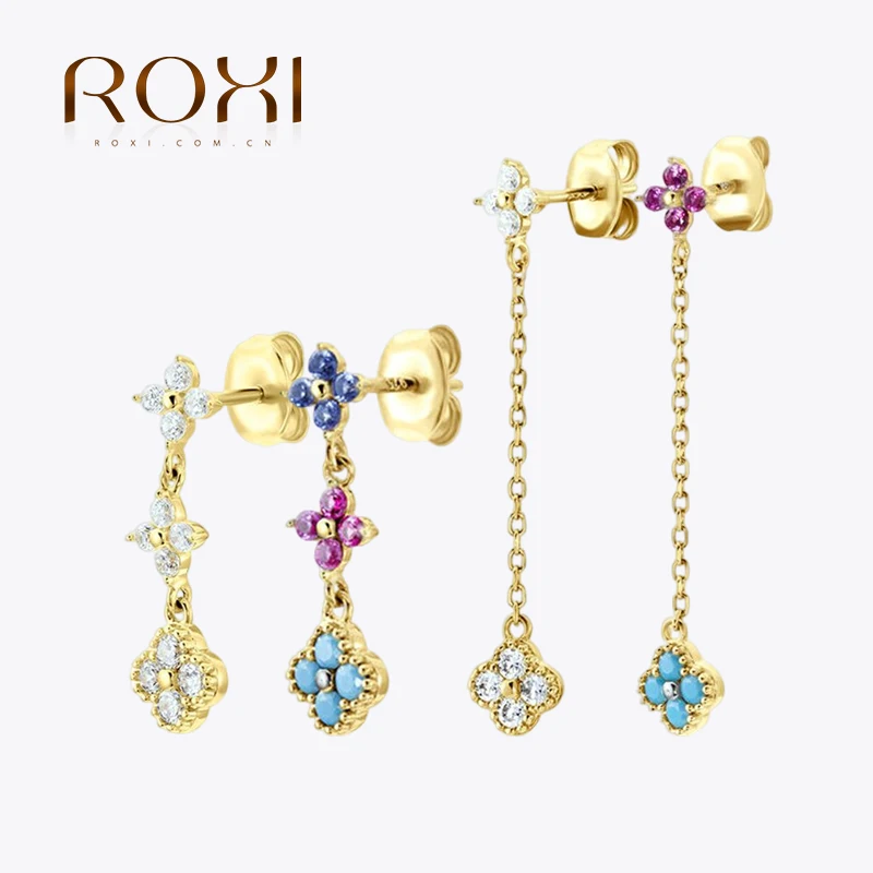 ROXI S925 Sterling Silver Petals Stud Earring Microinlaid Colorful Cubic Zirconia Chain Tassel Earrings For Women Dangle Earring