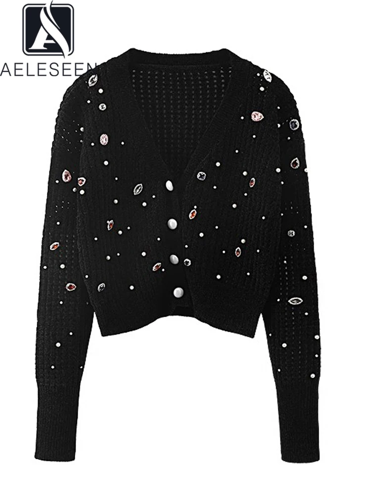 

AELESEEN Vintage Black Autumn New Sweater Women Runway Fashion V-Neck Knitted Luxury Pearls Crystal Elegant Slim Party Cardigan