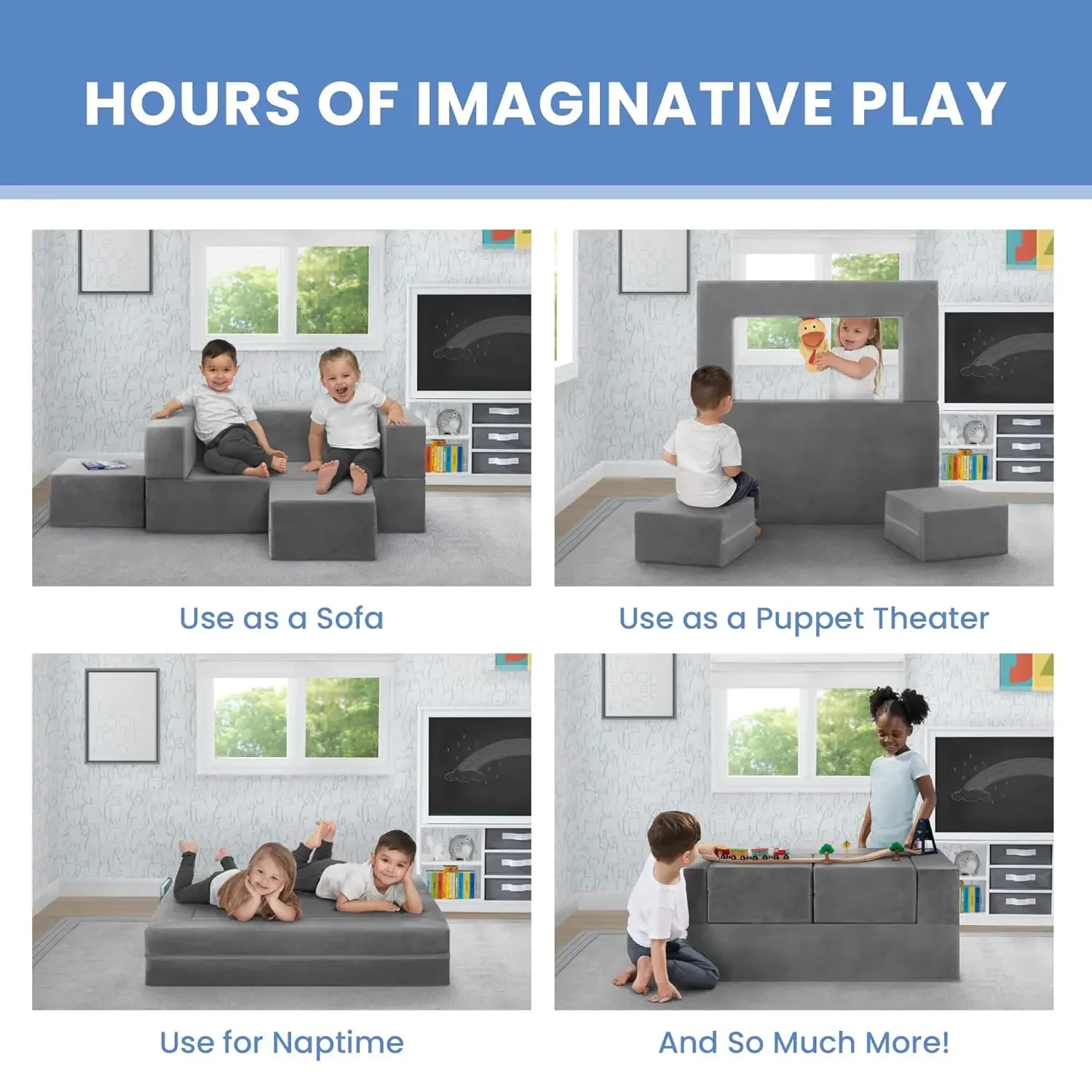 Conjunto de sofá e brincar para crianças e crianças, sofá modular de espuma e espreguiçadeira dobrável com 2 otomanos, cinza