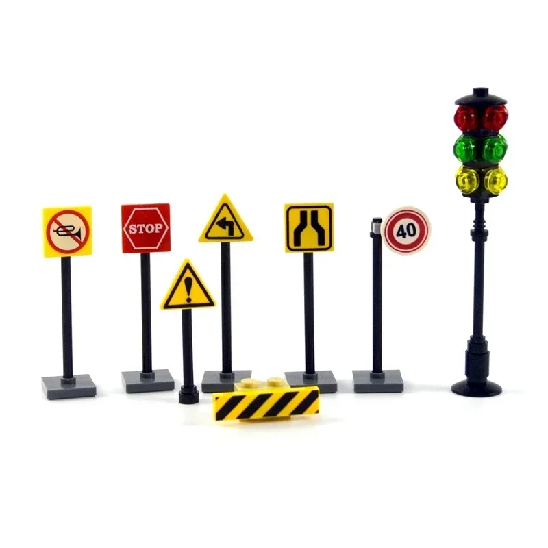 Kit de panneaux de signalisation de ville, briques de signalisation, feux de circulation, construction de nuit, accessoires compatibles avec toutes les marques