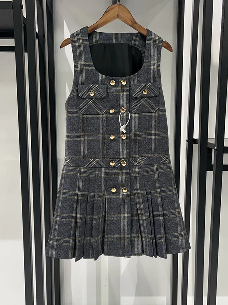 Chaleco de Mujer a Cuadros con Doble Botonadura, Cuello Cuadrado, Estilo Francés, para Invierno