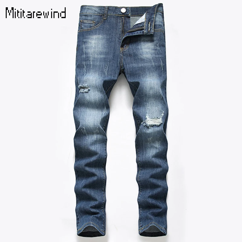 

Korean Style Ripped Jeans for Men High Street Casual Denim Pants Cotton Stretch Slim Straight Jeans Youth Fashion Men Trousers