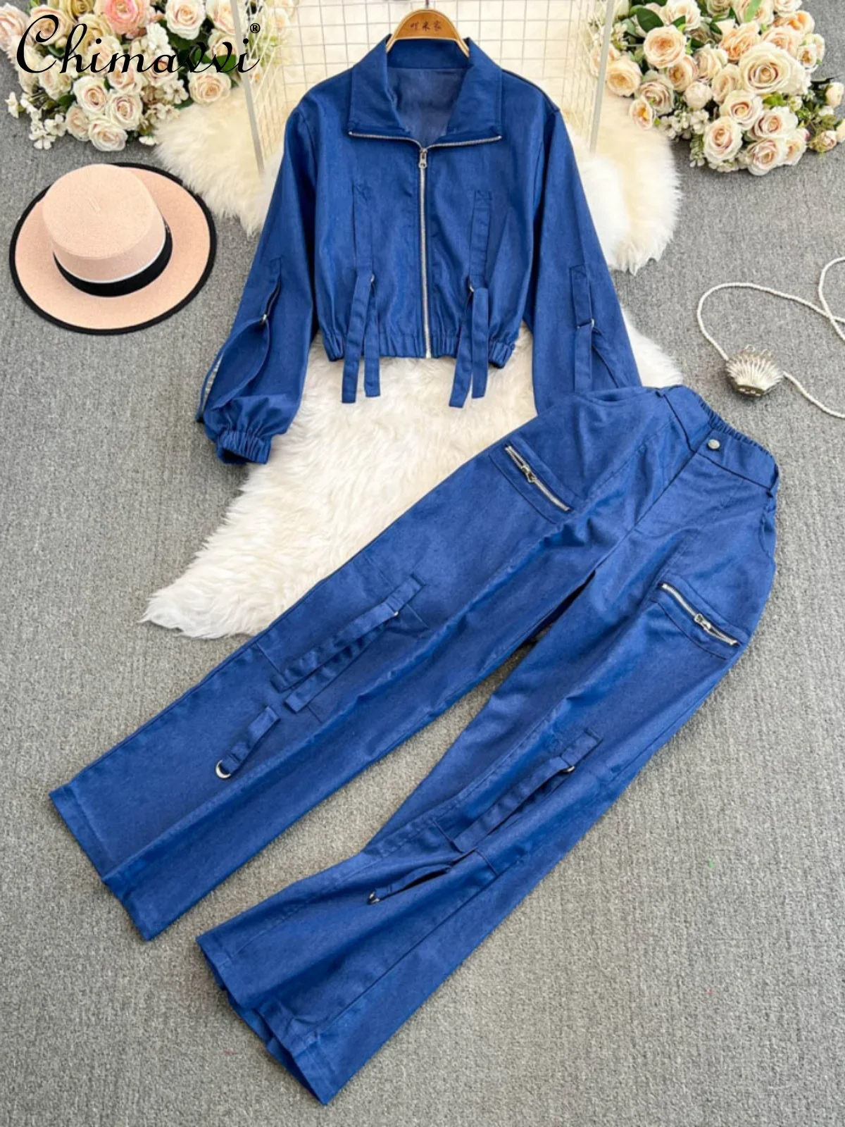 French Fashion Casual Belt Buckle Lapel Zipper Jacket Top High Waist Slim Overalls Wide Leg Trousers Two-piece Set Women Autumn