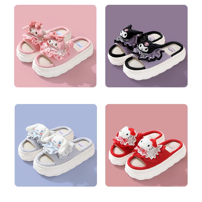 

Sanrios Anime Hello Kitty Child Linen Slippers Kuromi Kawaii Cartoon Breathable Home Shoes Summer Cute Indoor Slippers Girl Gift