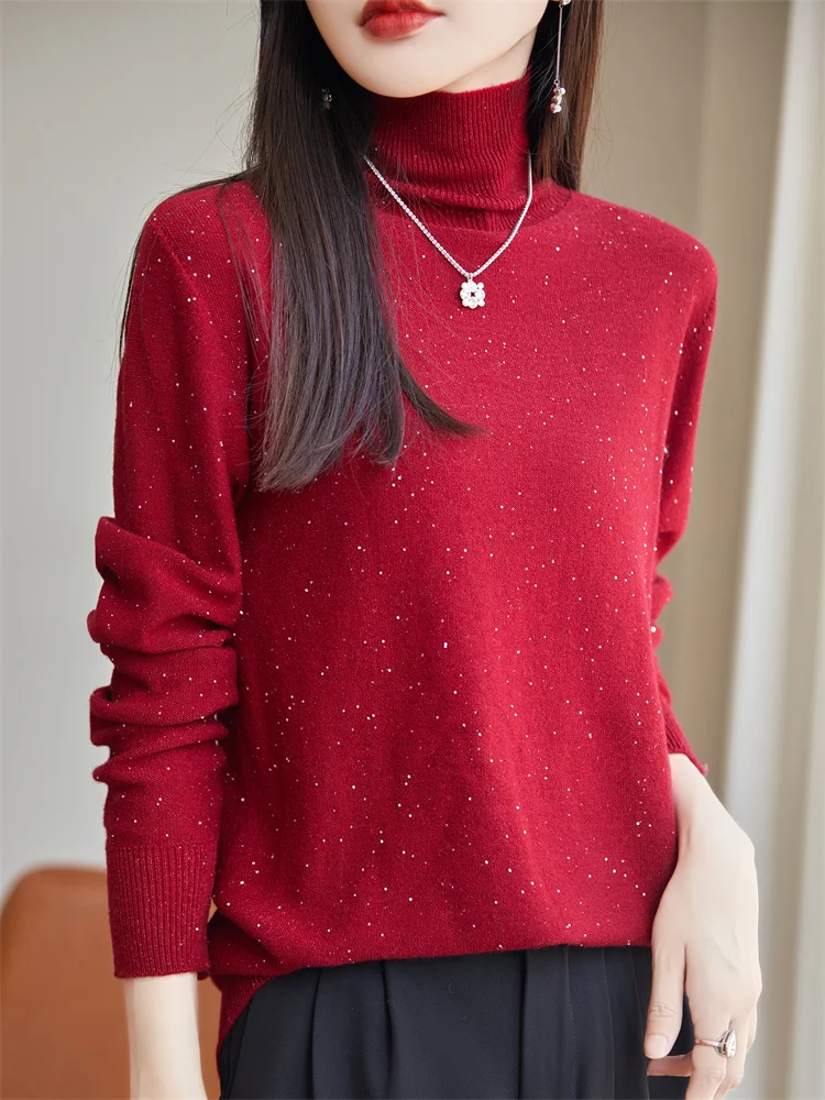New Spring Autumn 100% Merino Wool Women Sweater Turtleneck Long Sleeve Stars Solid Color Pullover Comfortable Soft Fashion Tops