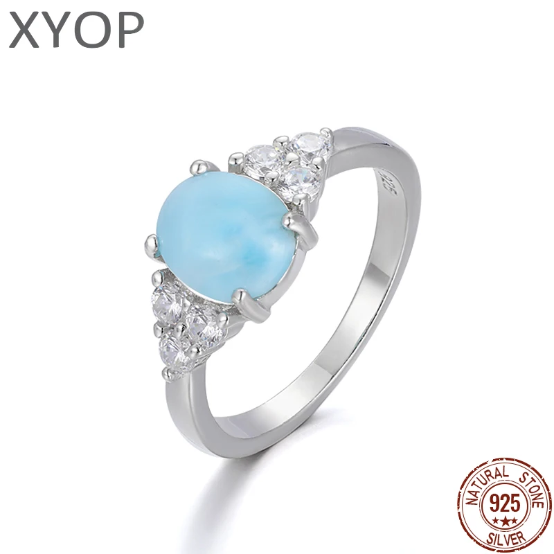 Zircon 925 Sterling Silver Natural Stone Larimar Proposal Ring Women Design Classic Simple Female Wedding LOVE Jewelry Dating